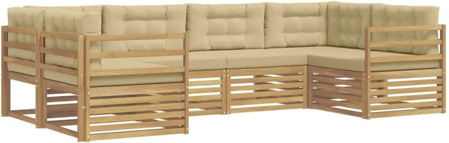 vidaXL Outdoor-Sofagarnitur 6-teilig in L-Form mit Kissen, Weiß und Beige, aus Akazienholz und UV-beständigem Polyester - Bild 1