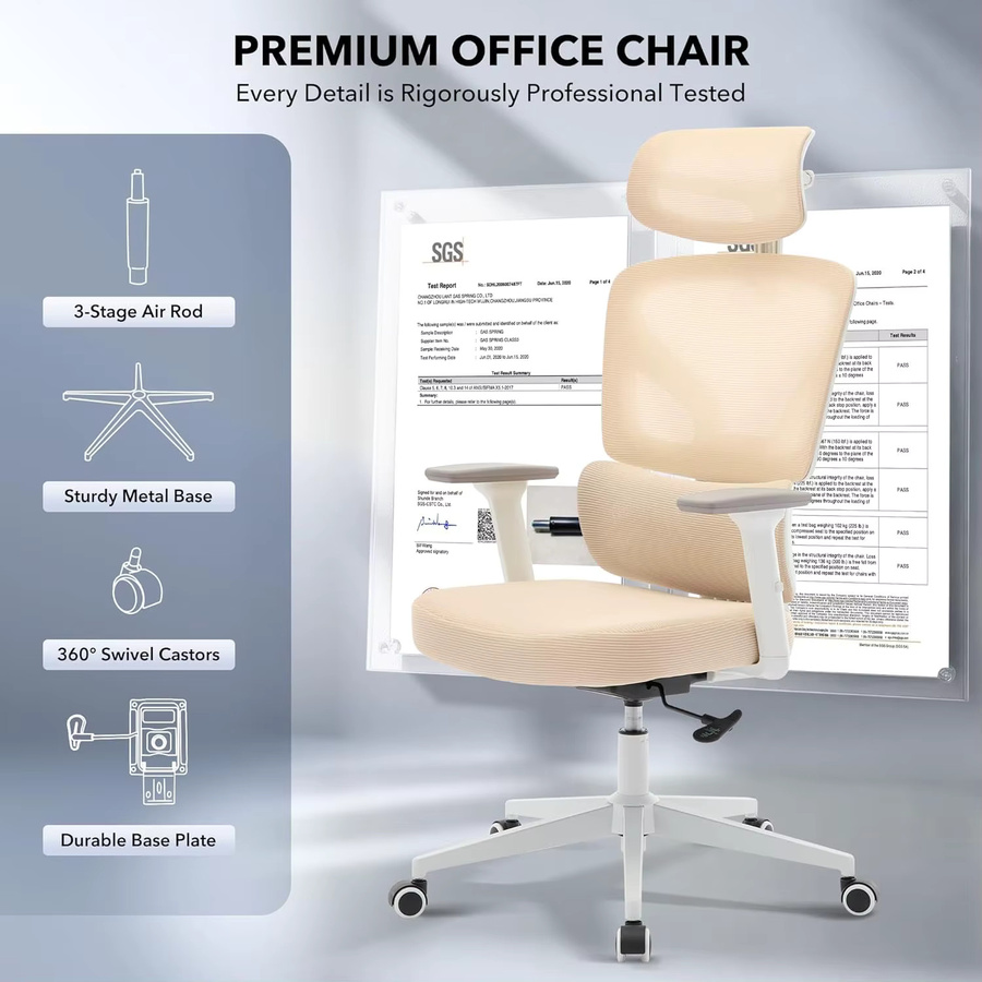 Ergonomischer Mesh-Stuhl von Garvee mit Kopfstütze und Armlehnen, beige mit weiß lackiertem Gestell, moderner Drehstuhl für Home-Office und Zuhause - Bild 2