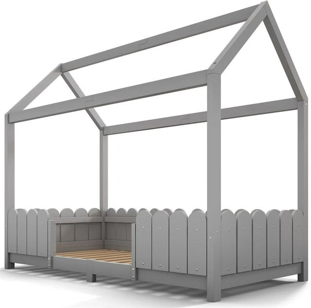 KOMHTOM Hausbett für Kinder aus Kiefernholz und MDF mit Absturzsicherung und Lattenrost, Grau, B/T/H: 90 x 200 x 120 cm - Bild 1