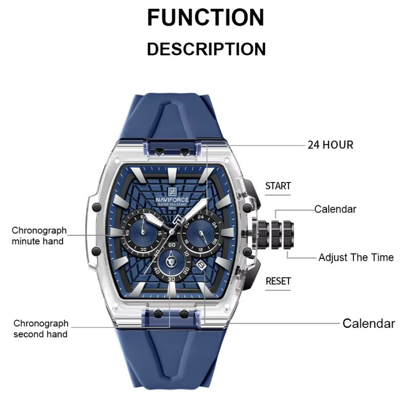 NAVIFORCE Chronograph, Quarz-Armbanduhr, Silikon, Blau, Schwarz, Herren - Bild 3