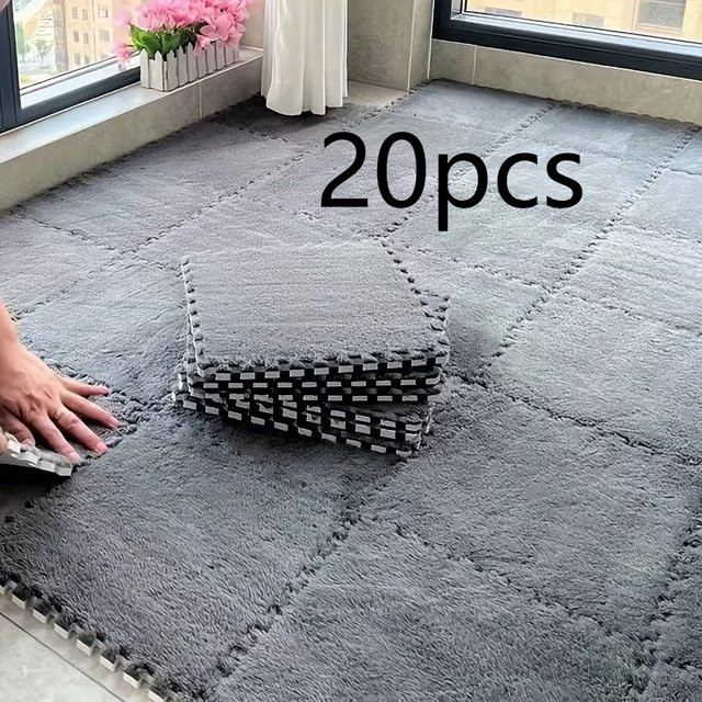 DHDH 20-teilige weiche Plüsch-Babymatte aus EVA-Schaum und Polyester, rutschfeste Puzzle-Spielmatte für Kinderzimmer, Schlafzimmer oder Balkon, Farbe: Weiß - Bild 1