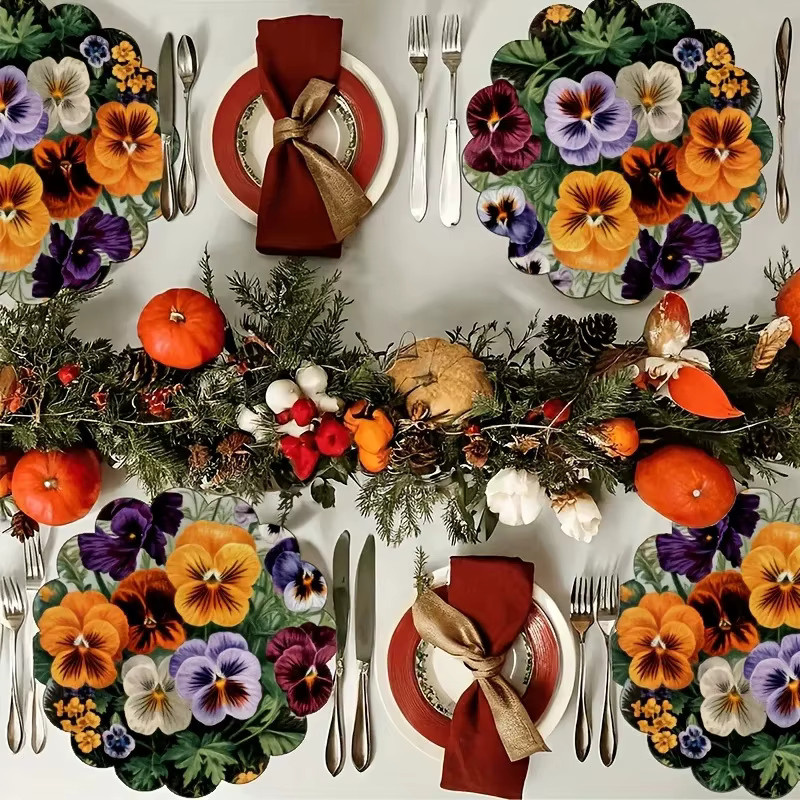 VIKAMA Untersetzer Set mit roten Blumen, 4 Stück runde hitzebeständige Tischsets in Mehrfarbig, Durchmesser: 38,0 cm - Bild 3