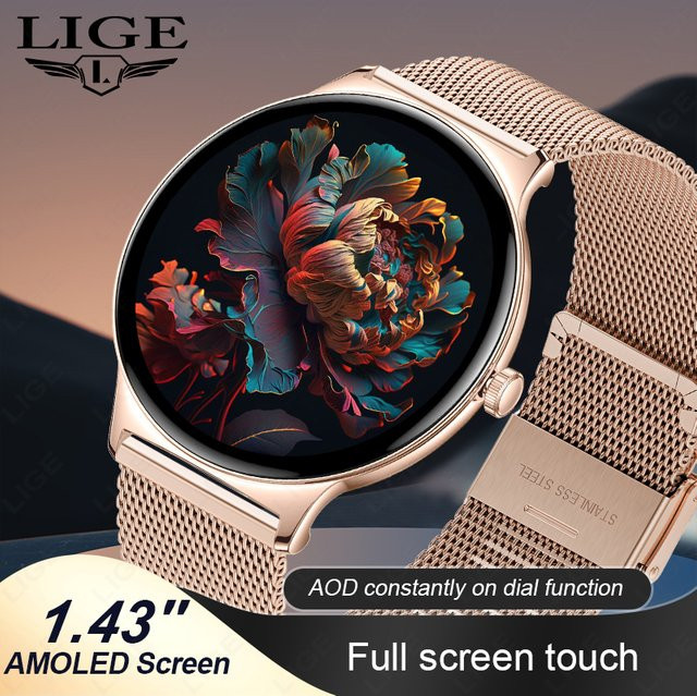 LIGE Ultradünne Smartwatch für Damen und Herren mit 1,43 Zoll AMOLED-Display, Bluetooth-Anruffunktion und Gesundheits-Tracker, wasserdicht, in Pink/Gold - Bild 1