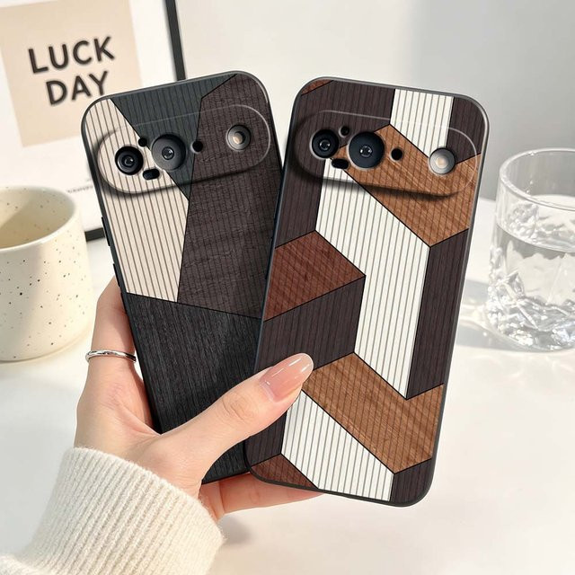 Schwarze Silikon-Handyhülle mit Vintage Holzmaserung für Google Pixel 6 6A 7 7A 8 8A 9 10 10A Pro XL 5G - Bild 1