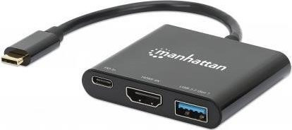 Manhattan 3-in-1 USB-C Docking-Konverter mit HDMI 4K, USB-A 3.2 und USB-C Power Delivery 100W, Schwarz - Bild 1