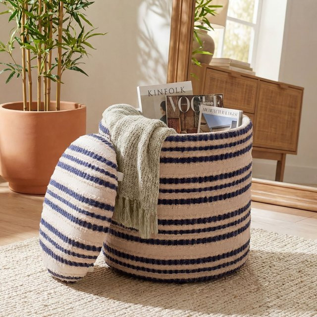 Finebuy Sitzhocker mit Stauraum aus Baumwolle, runder Polsterhocker in Beige und Blau, Durchmesser: 40 cm - Bild 1