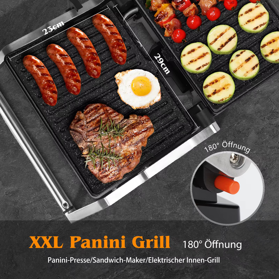 Aigostar Kontaktgrill in Silber mit Keramikbeschichtung, 2000 Watt, Panini Grill und Sandwichmaker mit 30 Minuten Timer, einstellbarem Thermostat und 180 Grad Öffnung - Bild 2