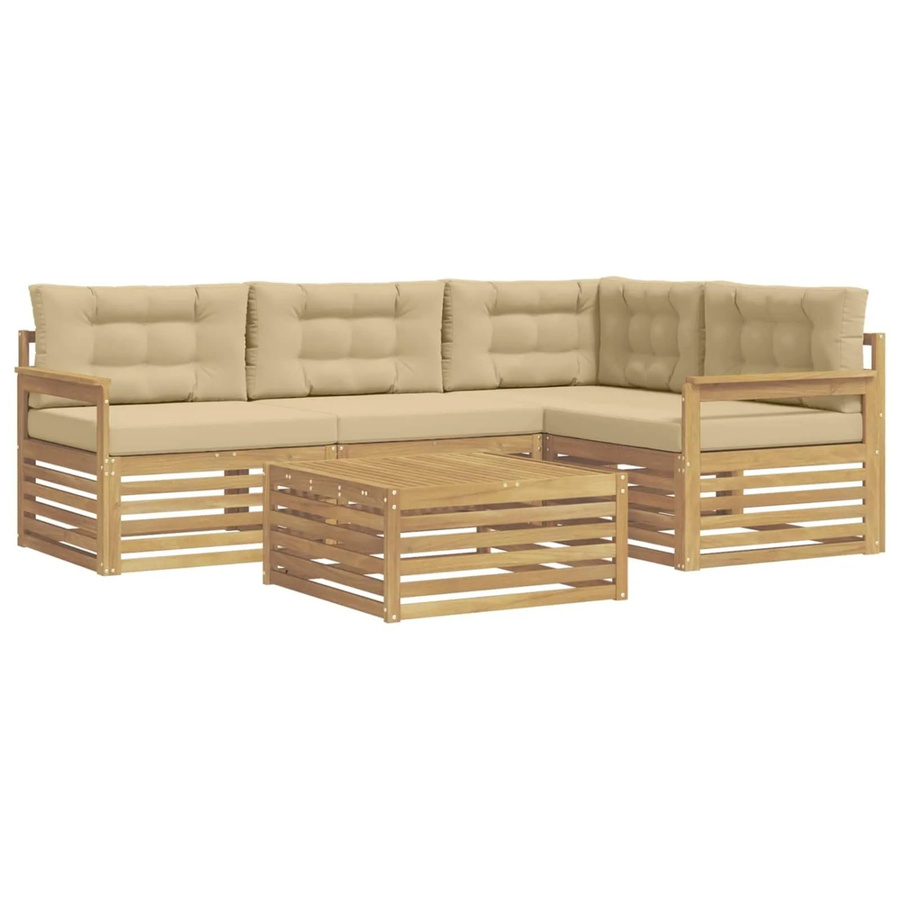 vidaXL 6-tlg. Outdoor-Sofagarnitur in L-Form mit Kissen und Couchtisch, Weiß und Beige, aus Akazienholz und UV-beständigem Polyester - Bild 2
