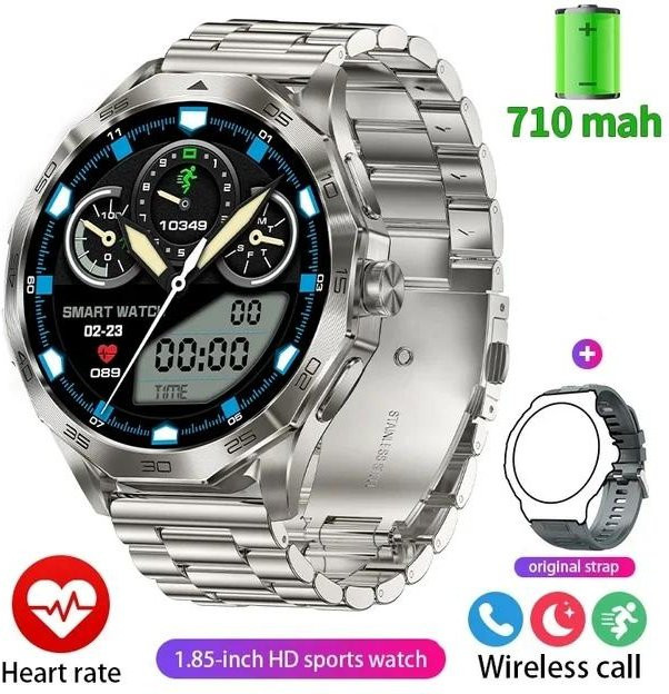 Lucky Start Smartwatch für Herren mit 1,85 Zoll Ultra HD AMOLED Bildschirm, Bluetooth Anruffunktion, Blutsauerstoffsensor und 710 mAh Akku, Farbe Silber - Bild 1