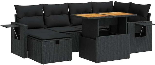 vidaXL 8-teilige Garten-Sofagarnitur in L-Form aus Poly-Rattan und Akazienholz mit Kissen, Schwarz - Bild 1