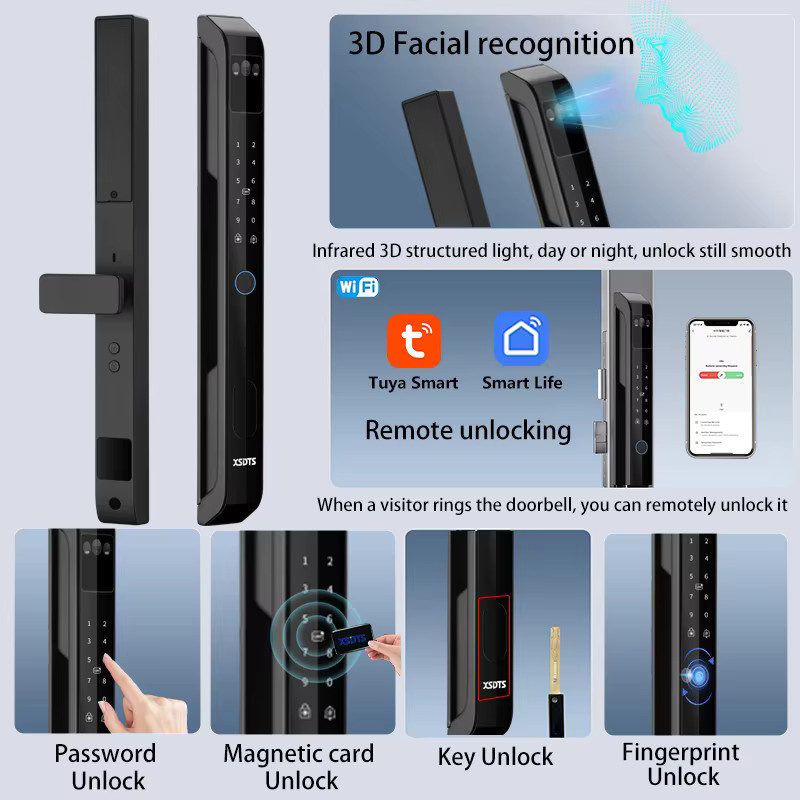 XSDTS Smart Türschloss mit 3D-Gesichtserkennung und Handvenen-Scan, Tuya WiFi Elektronisches Schloss mit Fingerabdruck und Passwort, Wasserdichtes Aluminium-Glas-Schiebetürschloss in Schwarz - Bild 3