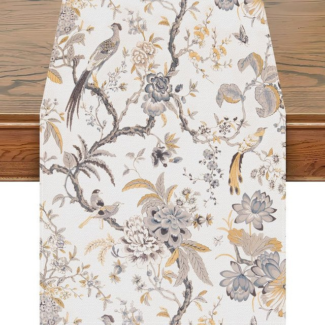 JINGYUE Pet Tischläufer Chinoiserie aus Leinen in Blau Weiß Grau mit Vogel- und Blumenmuster, Breite: 150 cm, Tiefe: 33 cm - Bild 1