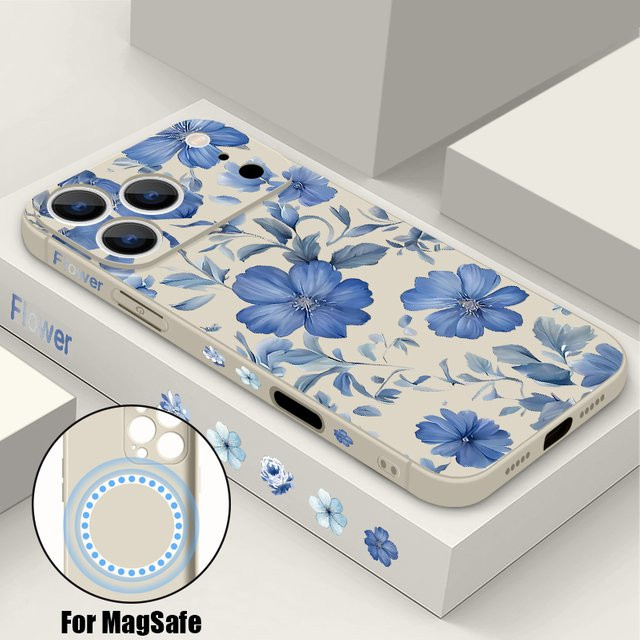 Magnetische Soft Cover Handyhülle mit blauem Blumenmuster für Apple iPhone 17 16 15 14 13 12 Pro Max 11 und 16E kompatibel mit MagSafe Wireless Charging in Blau, Beige und Weiß - Bild 1