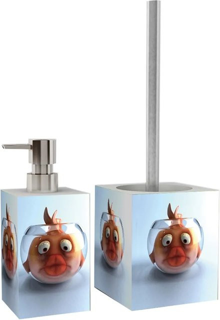 Sanilo Badezimmer Set mit Seifenspender und WC Bürste Goldfisch in Orange und Multicolour aus Keramik und Edelstahl - Bild 1