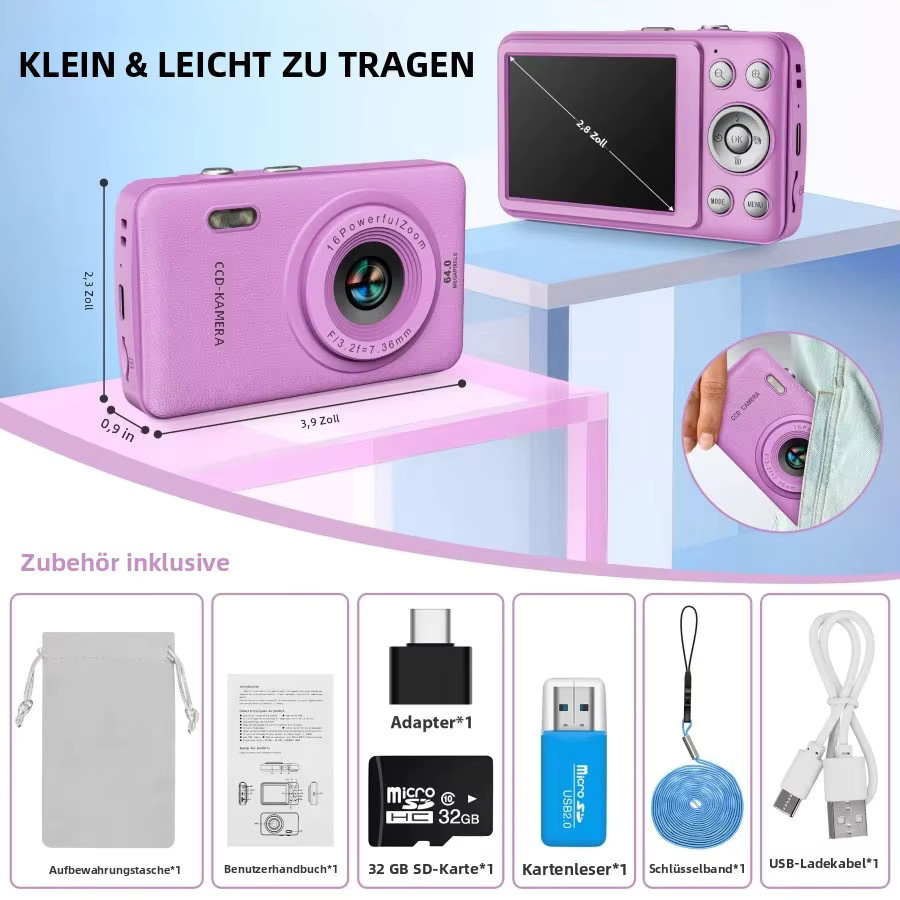 W&O Tragbare Digitalkamera mit 48MP Autofokus, 1080P Full HD, 2,4-Zoll Display, 16-fach Zoom und 32GB Speicherkarte, Kompakte Vlogging-Reisekamera mit USB-C, Schwarz oder Lila - Bild 2