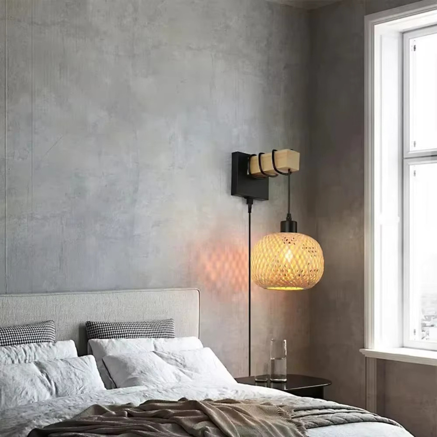 JOYINLED Plug-In-Wandleuchte aus Rattan und Bambus in Beige im Boho-Stil als elegantes Nachtlicht für dein Schlafzimmer - Bild 3