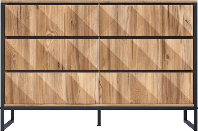 GL Store Sideboard im Industrial Design mit 6 Schubladen, geometrischen Fronten, schwarzem Metallrahmen und Holzoptik in Braun und Natur, B/T/H: 120 x 40 x 80 cm - Bild 1