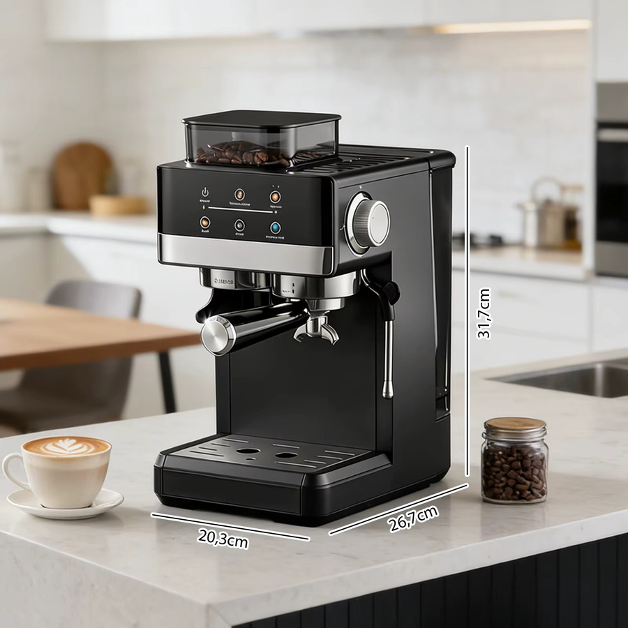 Aiorber Espressomaschine mit integriertem Mahlwerk in Schwarz, 20 Bar, 1350W, Dual-Extraktion mit Touchscreen und 1,8 l Wassertank - Bild 6