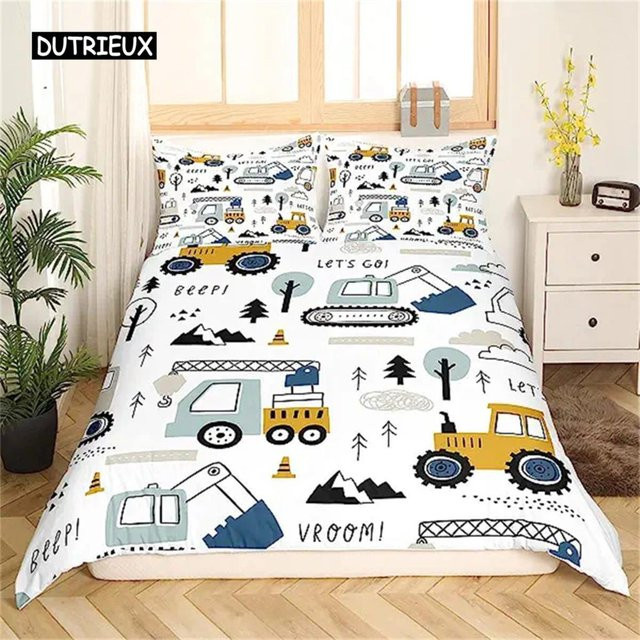 Bettwäsche-Set mit Cartoon-Baustellenfahrzeugen von Binchi Outdoor Product, Bagger und Traktor Motiv, Mehrfarbig, B/H: 135 x 200 cm - Bild 1