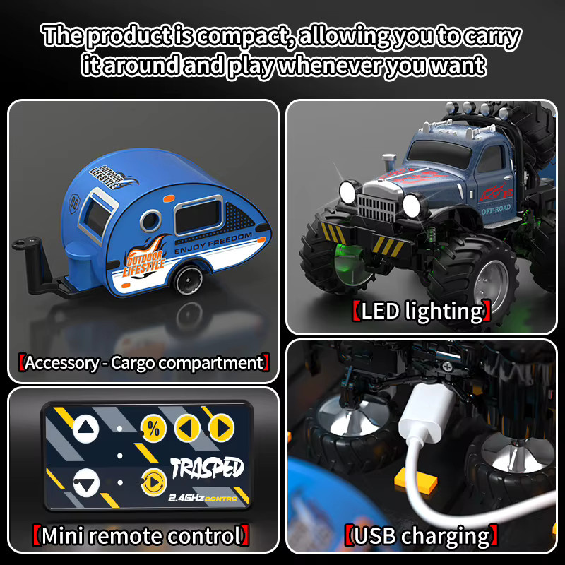 Mini RC Truck mit Anhänger, Modell Autos Spielzeug, 1:64, Metall - Bild 2