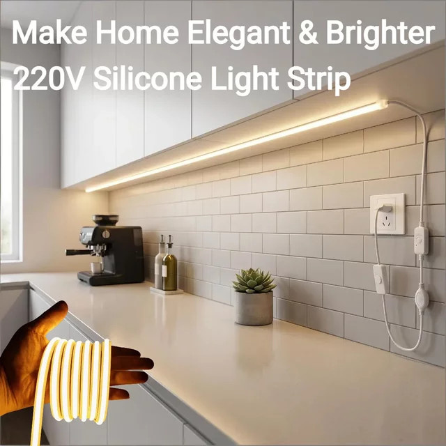 Gyarfas COB LED-Streifen 220V Warmweiß, Lineare Neon-Lichterkette aus Silikon mit Schalter und CRI 90+ - Bild 1