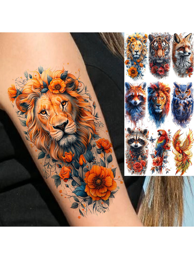 YURAN Temporäre Tattoos, Aquarell Löwe Tiger Fuchs Eule, 1 Blatt - Bild 3
