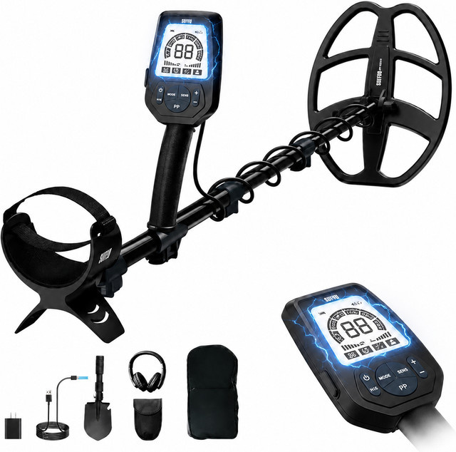 SUNPOW Unterirdischer Professioneller Metalldetektor in Schwarz und Braun mit 11 Zoll Wasserdichter DD-Spule, LCD Display und Schaufel-Set - Bild 1