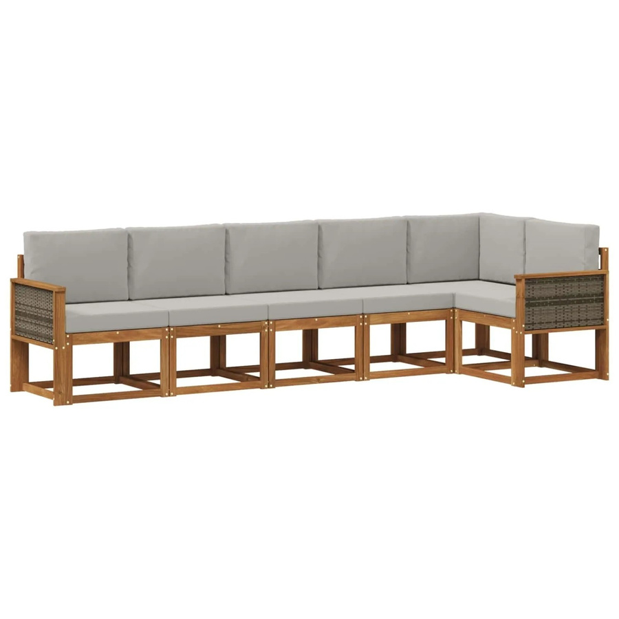 vidaXL Outdoor-Sofagarnitur in L-Form aus Akazienholz mit grauen Polstern aus Polyester, 6-teiliges Set - Bild 2