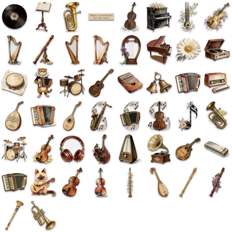 50 Stück GOGOTU Vintage Musikinstrumente Aufkleber, transparente und wasserfeste Graffiti-Sticker für Gitarre, Gepäck und Telefon, Multicolour - Bild 2