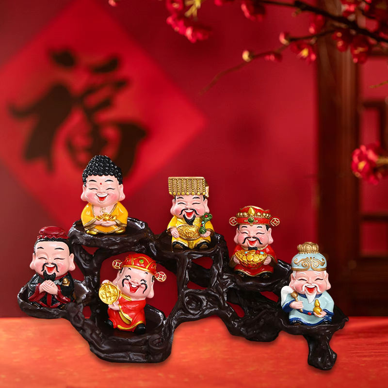 Kesoto 6er Set Gott des Glücks Miniaturfiguren aus Kunstharz in Mehrfarbig mit Ständer für Frühlingsfest und Neujahr - Bild 4