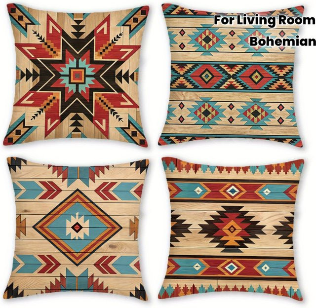 VIKAMA 4-teiliges Set dekorative Kissenbezüge im Bohemian Southern Aztec Navajo Design, petrol und mehrfarbig, quadratisch, B/T/H: 45 x 45 x 45 cm - Bild 1