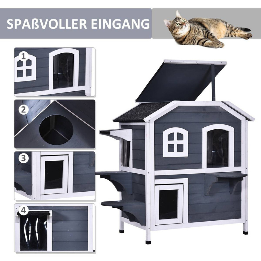 PawHut Katzenhaus aus grau lackiertem Tannenholz mit 2 Etagen und wetterfestem Dach, B/T/H: 78 x 55,5 x 91 cm - Bild 3