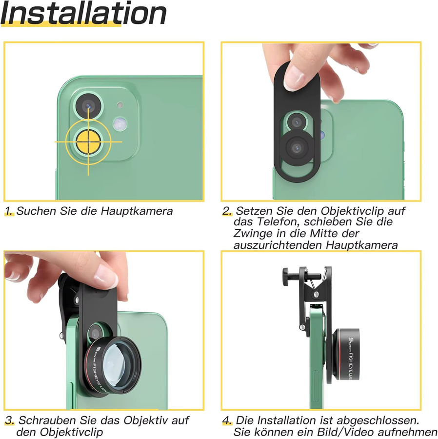 VersandMobiles Handy Linsen-Kombinationsset in Schwarz mit Stativ, bestehend aus 22X Teleobjektiv, 25X Makro Objektiv, 0,62X Weitwinkel und 235° Fischauge Objektiv, universelles Smartphone Linsen Kit - Bild 6