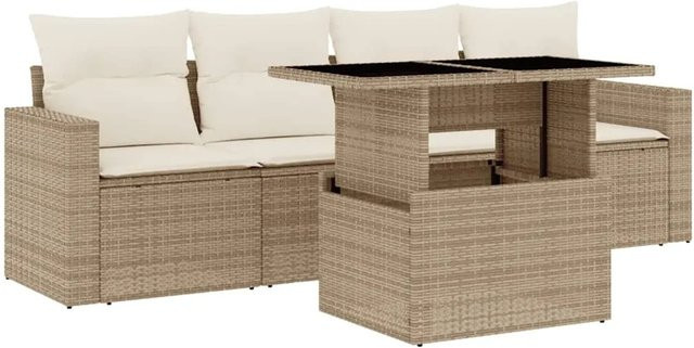 vidaXL 5-teilige Garten-Sofagarnitur aus Poly-Rattan in Beige mit Kissen und Gartentisch - Bild 1