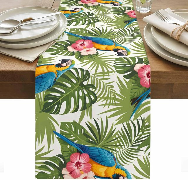 JMG Household Supplies Tischläufer aus Leinen mit blauem Papagei und floralem Palmenblatt-Design, B/H: 150 x 33 cm - Bild 1