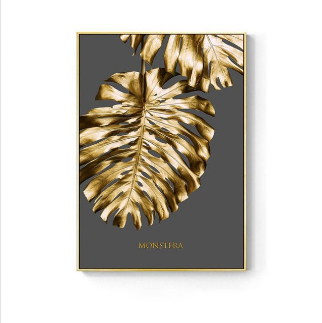 TPFLiving Leinwandbild Nordic Art Goldene Blätter in Schwarz Weiß Grau, B/H: 50 x 70 cm - Bild 1