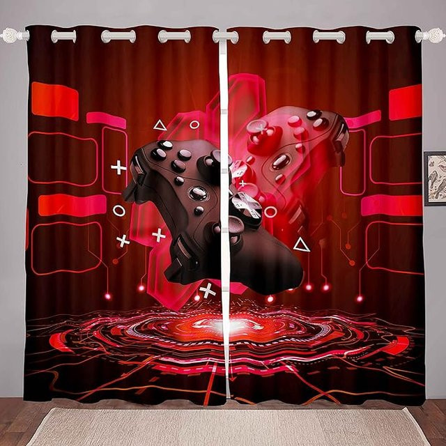 Yiran Furniture Gamepad Vorhänge für das Gaming-Zimmer, 2er-Set halbtransparente Fensterdekoration mit Grafikprint, Farbe: Rot, B: 50 cm, H: 130 cm - Bild 1