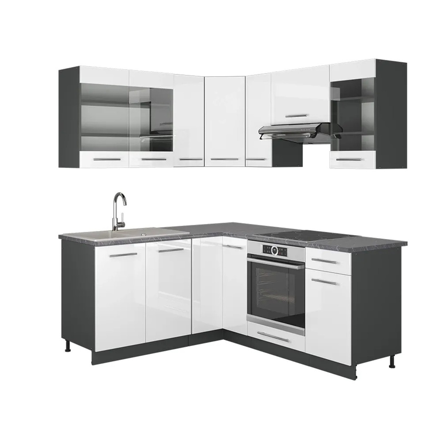 Vicco Fame-Line Eckküche in Weiß Hochglanz und Anthrazit mit Marmor-Optik, B/T/H: 160 x 190 cm - Bild 2
