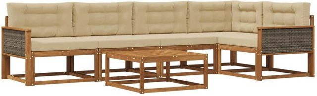 vidaXL Outdoor-Sofagarnitur in L-Form aus Akazienholz mit 6 Kissen in Natur und Beige - Bild 1