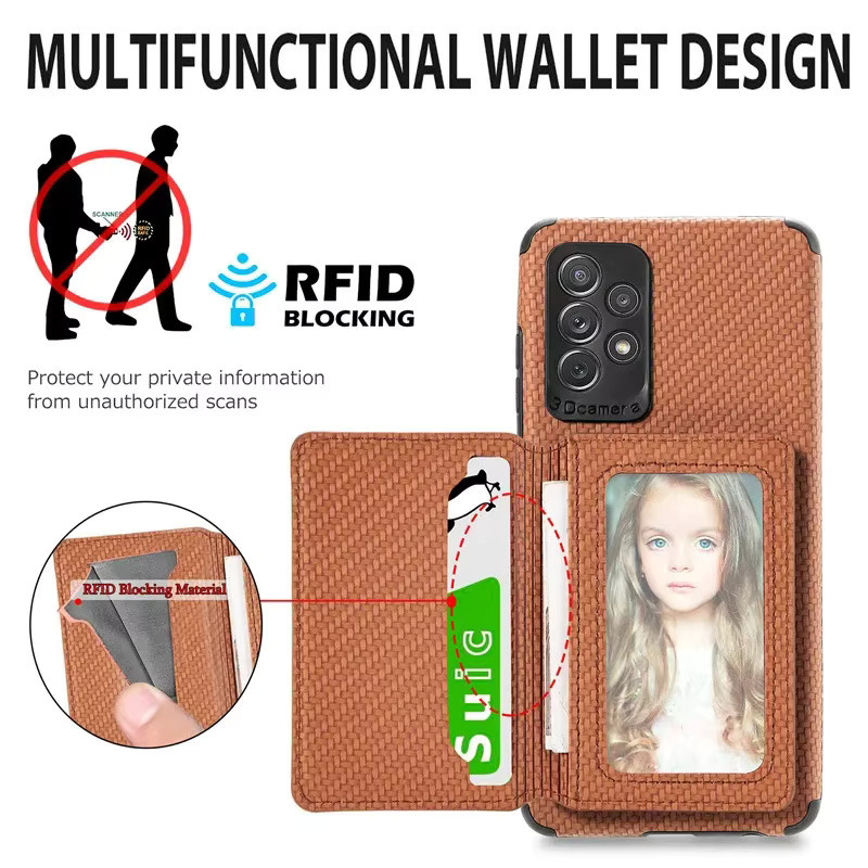 Magnetische Leder-Brieftasche mit RFID-Schutz und Kohlefaser-Design als Kartenhalter Hülle für Samsung Galaxy S25 S24 S23 S22 S21 Ultra Plus und S20 FE in Beige oder Braun - Bild 1