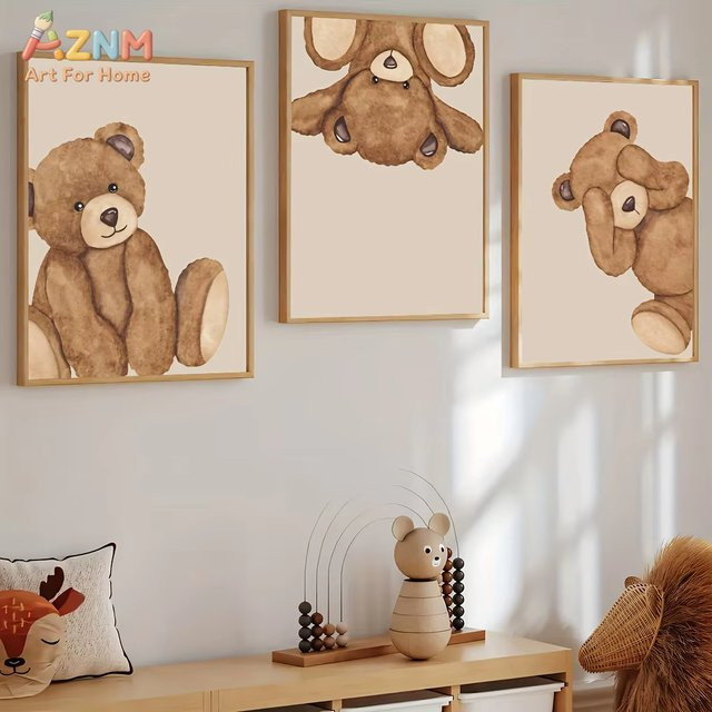 AZNM Aquarell Leinwandgemälde mit verspieltem braunem Teddybär in Beige als Wandkunst Illustration - Bild 1