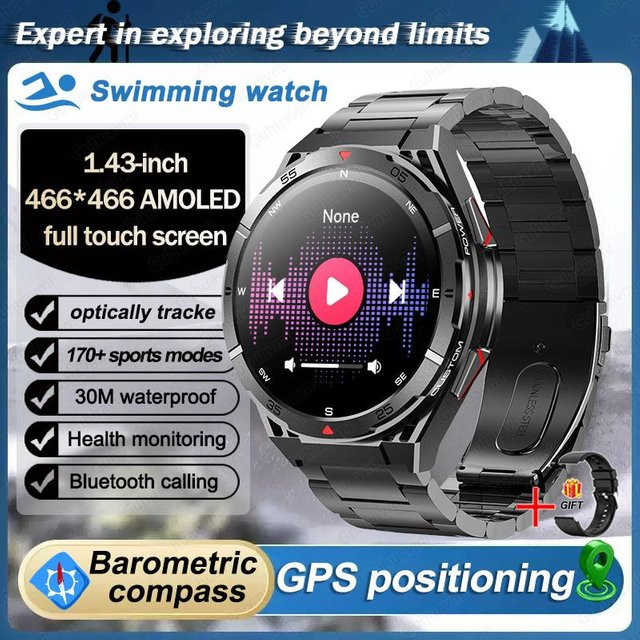 QLY Online GPS Smartwatch für Herren mit Bluetooth Anruffunktion, 100+ Sportmodi, Sprachassistent und Wasserdichtigkeit, Farbe: Schwarz, Steel Belt - Bild 1