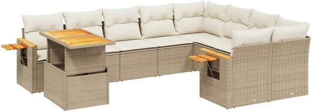 vidaXL 10-tlg Garten-Sofagarnitur aus Poly-Rattan und Akazienholz in Beige und Cremeweiß mit Kissen - Bild 1