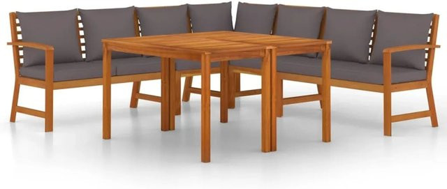 vidaXL 7-teilige Garten-Essgruppe aus Akazien-Massivholz mit Kissen in Dunkelgrau und Braun - Bild 1