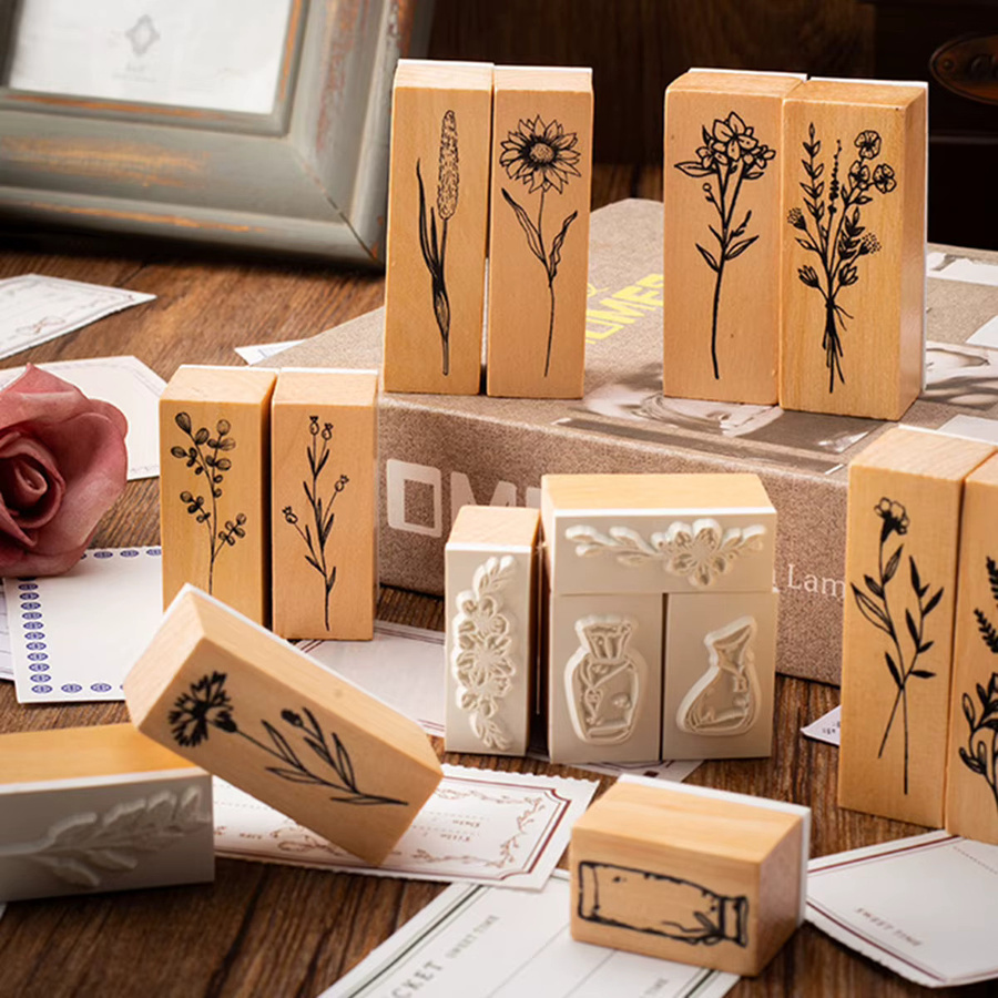 Set aus 8 Holzstempeln mit Retro-Pflanzenvasenmuster in Braun für Scrapbooking und DIY-Dekorationen - Bild 6