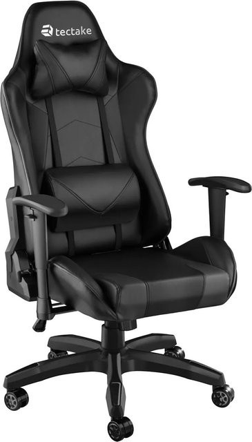 tectake Racing Gaming Stuhl in Schwarz mit Kunstlederbezug, ergonomische Form, verstellbare Rückenlehne, abnehmbare Nacken- und Lendenkissen, Belastbarkeit 120 kg, B/T/H: 69 x 68 x 125 cm - Bild 2