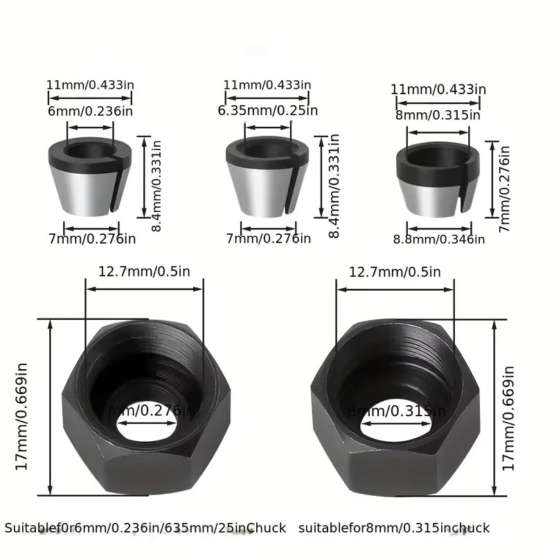 3/5-teiliges Fräser-Set für die Holzbearbeitung mit umwandelbaren Spannzangenfutter-Adaptern in Silber, inklusive Schaft-Adapter 6 mm, 6,35 mm und 8 mm mit Mutter - Bild 3