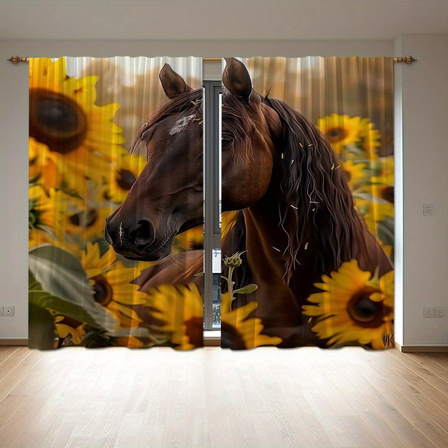 Yiran Furniture Vorhänge mit Pferd und Blumenmuster im Digitaldruck, 2er-Set, halbtransparent, Polyester, Mehrfarbig, B: 50 cm, H: 130 cm - Bild 3