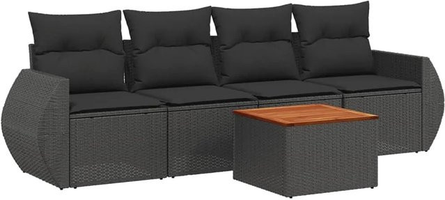 vidaXL 5-teilige Garten-Sofagarnitur aus Poly-Rattan und Akazienholz in Schwarz mit Kissen - Bild 1