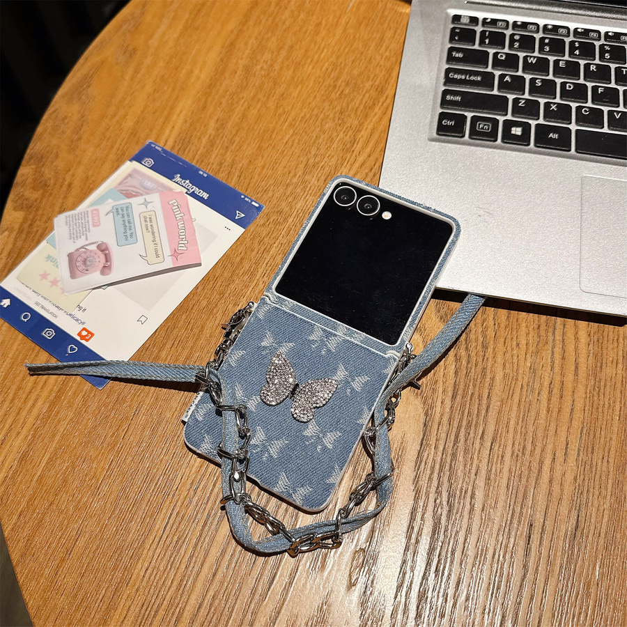 Kawaii Denim Handyhülle mit 3D Schleifenknoten und Lanyard für Samsung Galaxy Z Flip 7, Z Flip 6 und Z Flip 5 in Blau - Bild 1